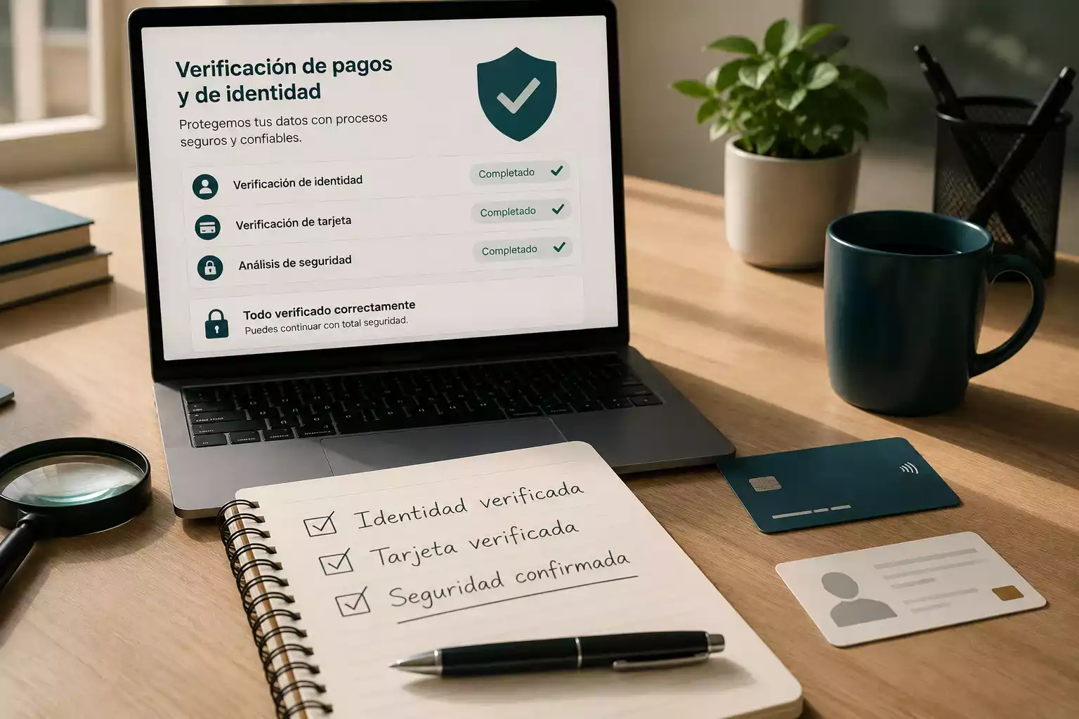 Mesa con tarjeta, documento y notas sobre pagos y verificación en juego online