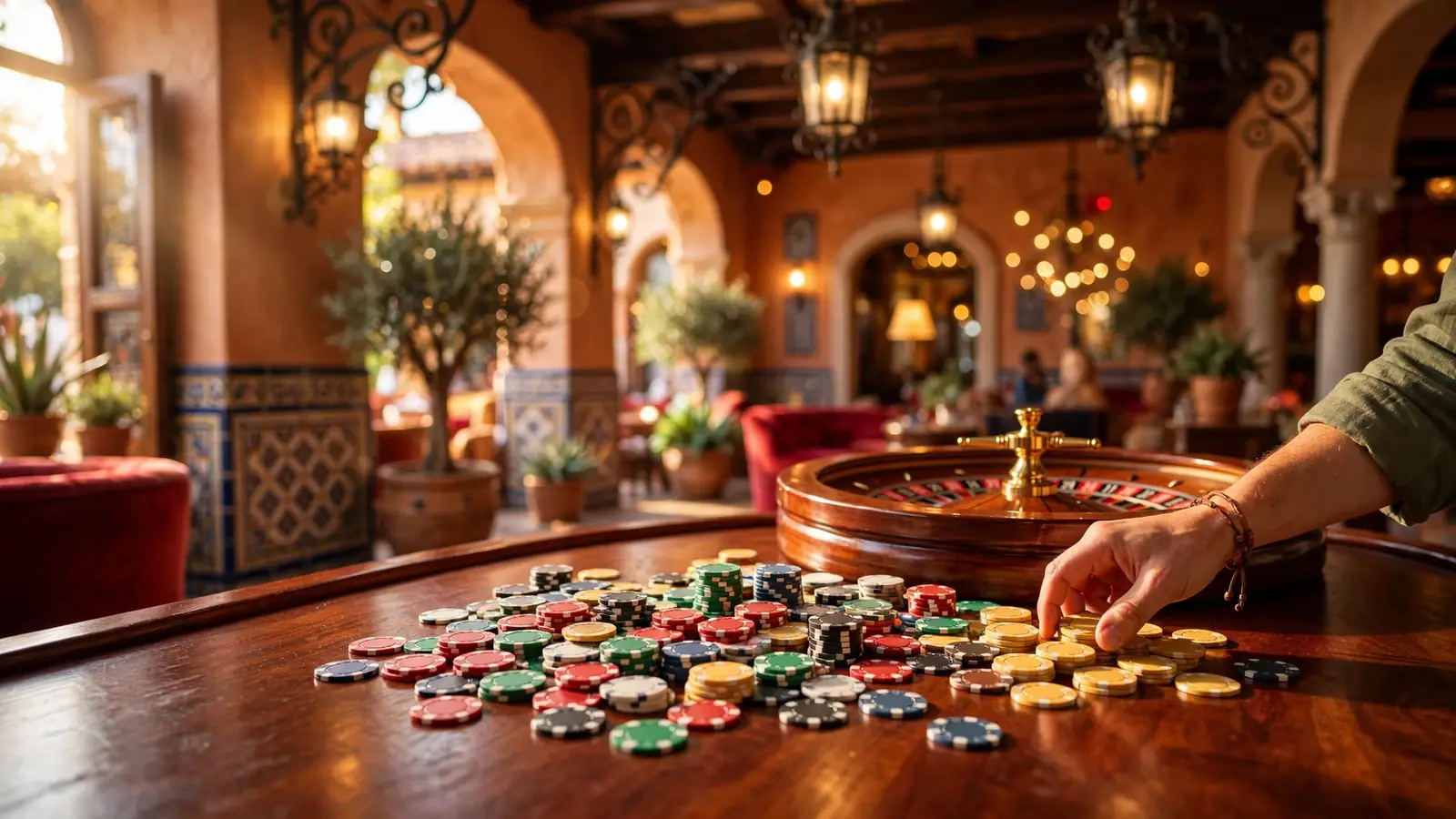 Ambiente de casino con fichas y ruleta bajo luces cálidas doradas