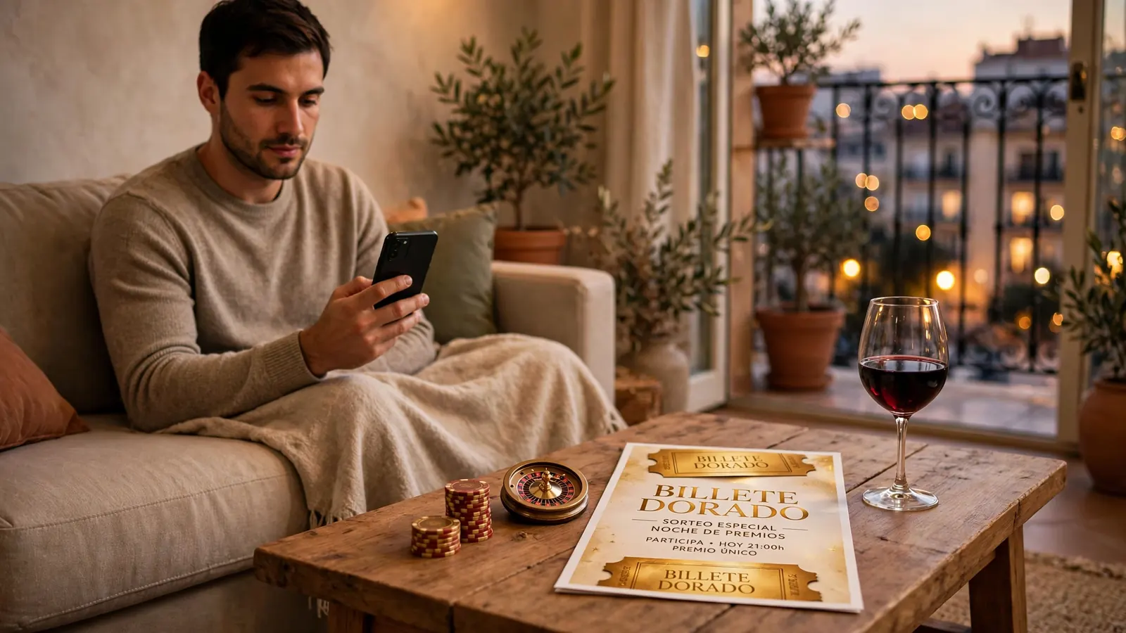 Persona con smartphone junto a fichas de casino y copa de vino en un salón moderno español.