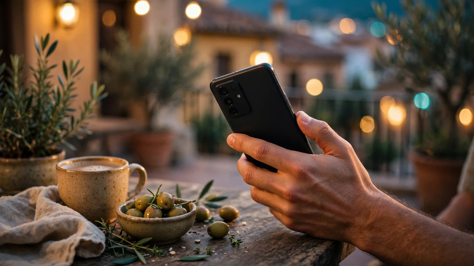 Mano sujetando un smartphone en una terraza española con café al atardecer