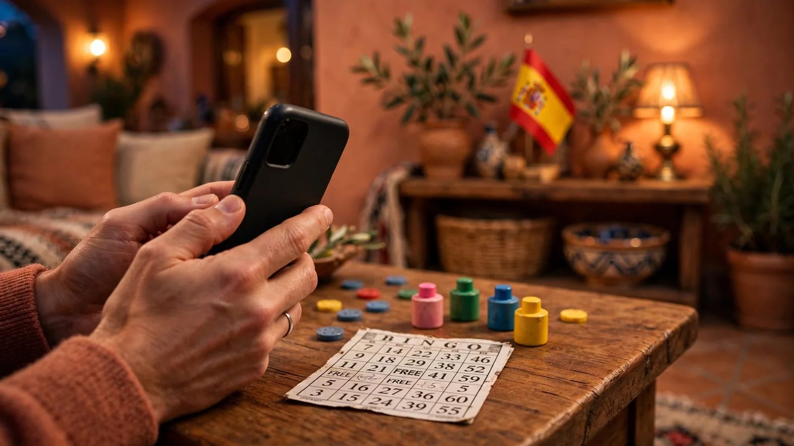 Manos sosteniendo un móvil junto a cartones de bingo en un salón español.