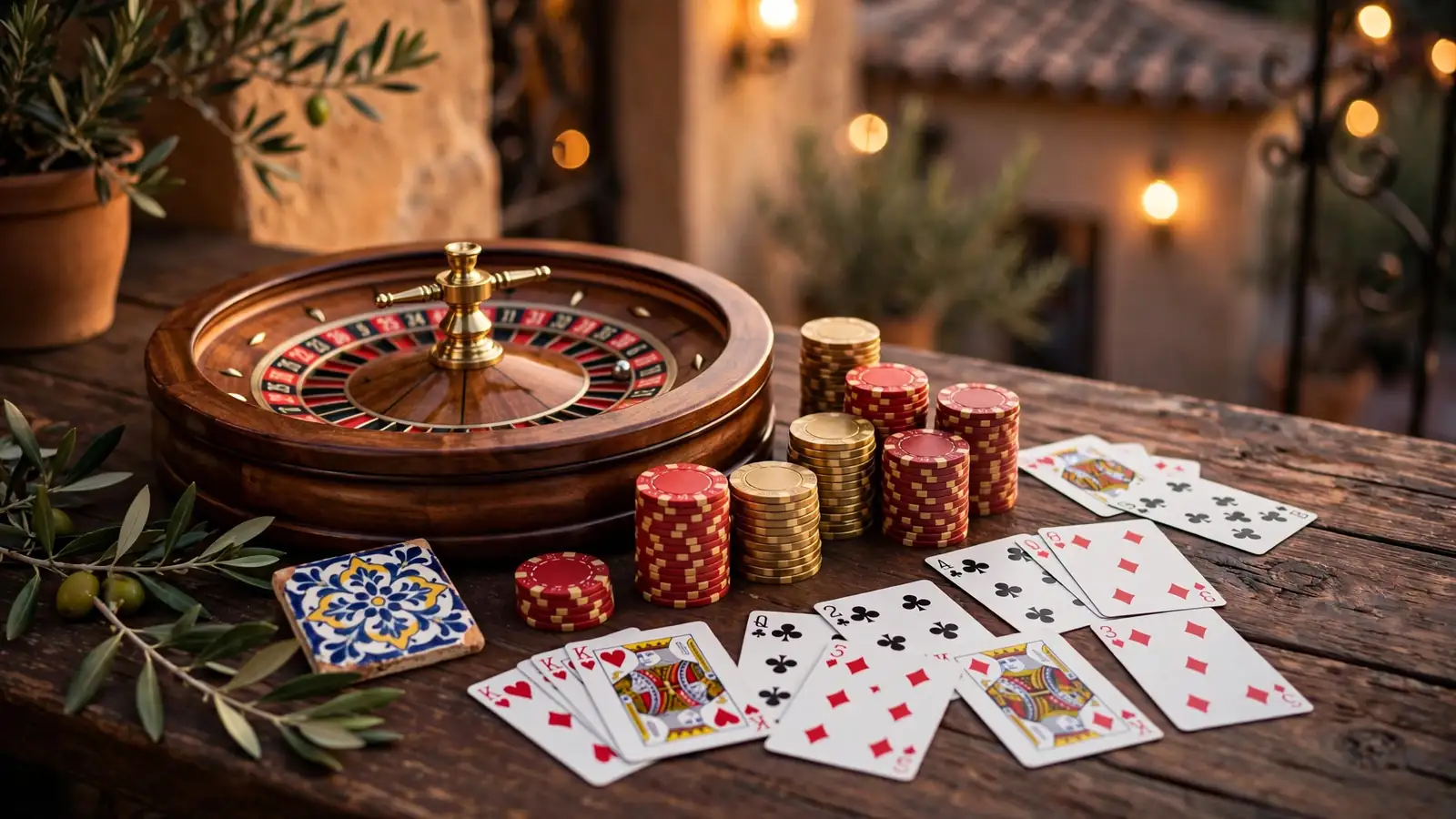 Mesa de casino elegante con ruleta, fichas de colores y cartas iluminadas con luz cálida española.