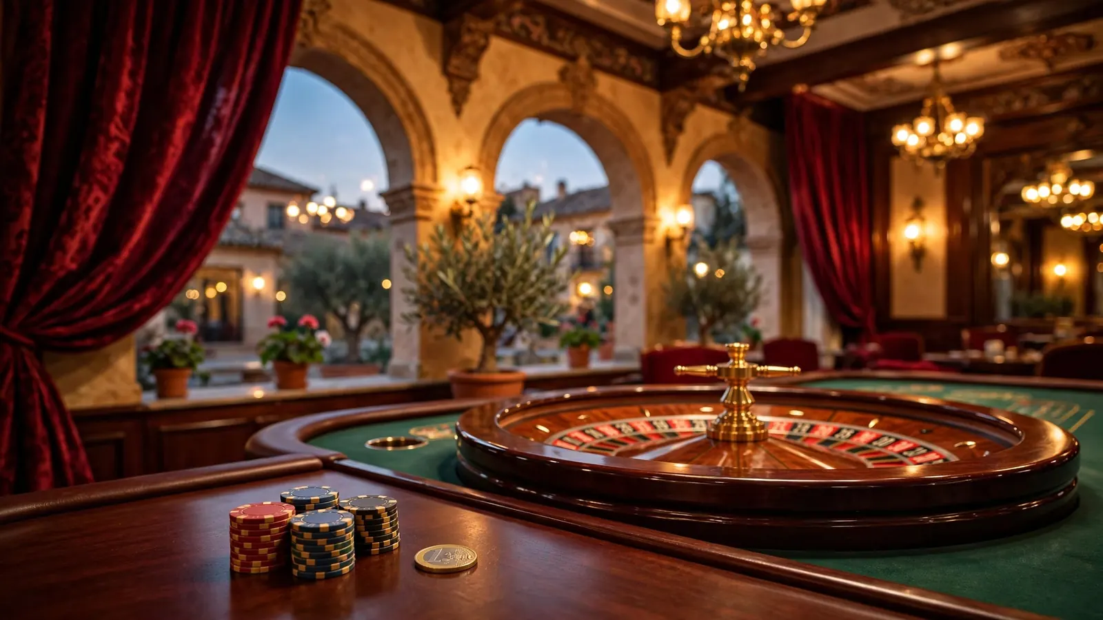 Mesa de ruleta elegante con fichas y moneda en casino español iluminado con luz dorada