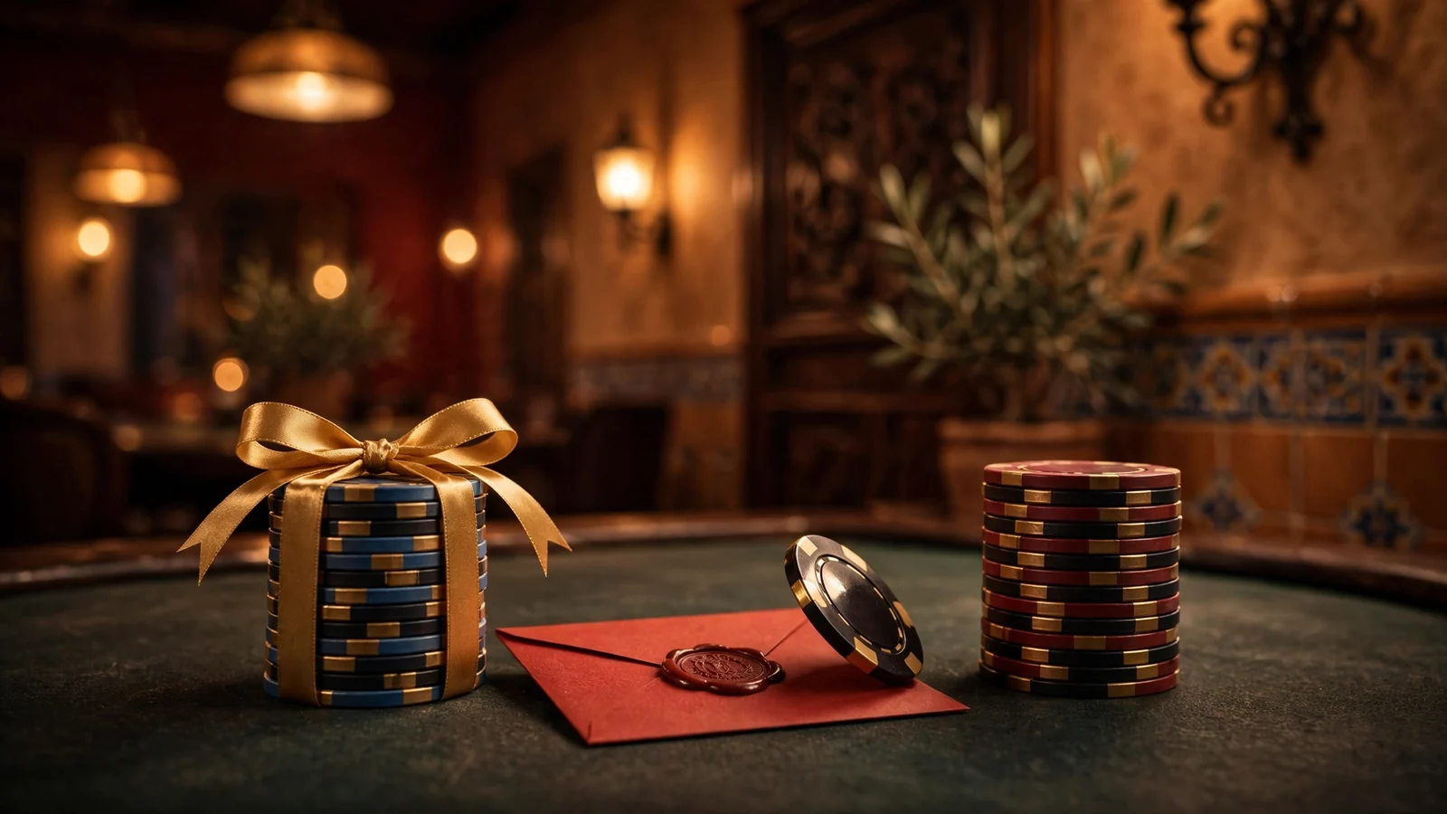 Dos pilas de fichas de casino junto a un sobre dorado en una mesa iluminada