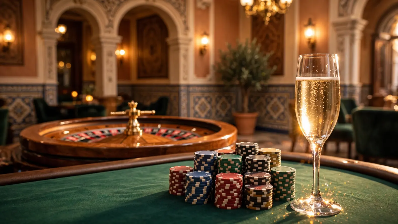 Mesa de casino elegante con fichas de póquer y ruleta en ambiente español dorado