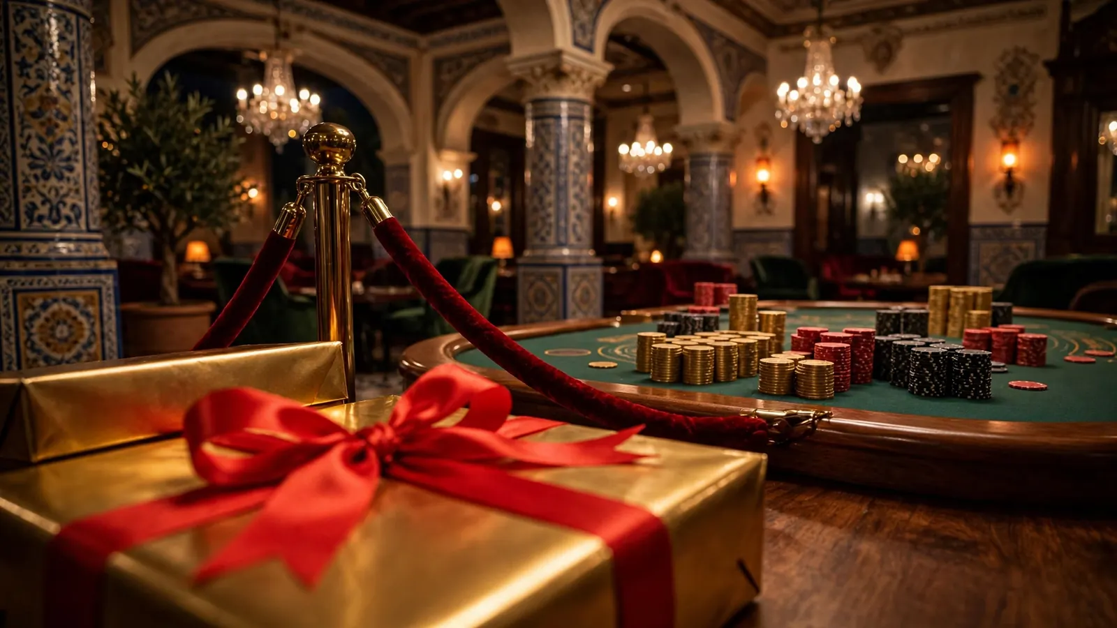 Mesa de casino con fichas doradas y caja de regalo iluminada en ambiente nocturno español