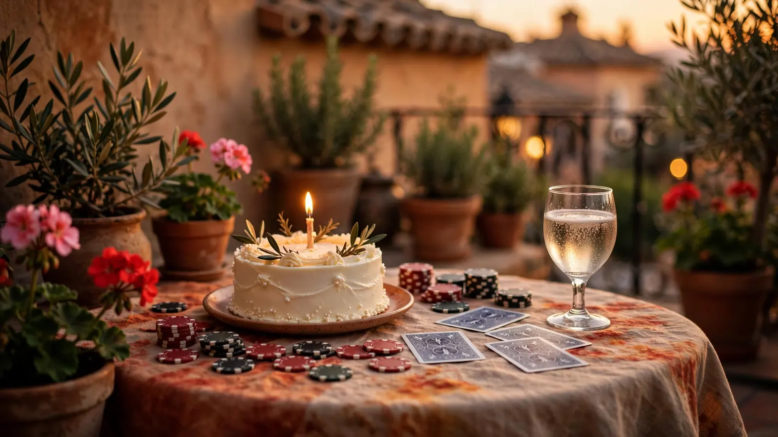 Mesa de cumpleaños con tarta, fichas de casino y cartas, ambiente cálido español