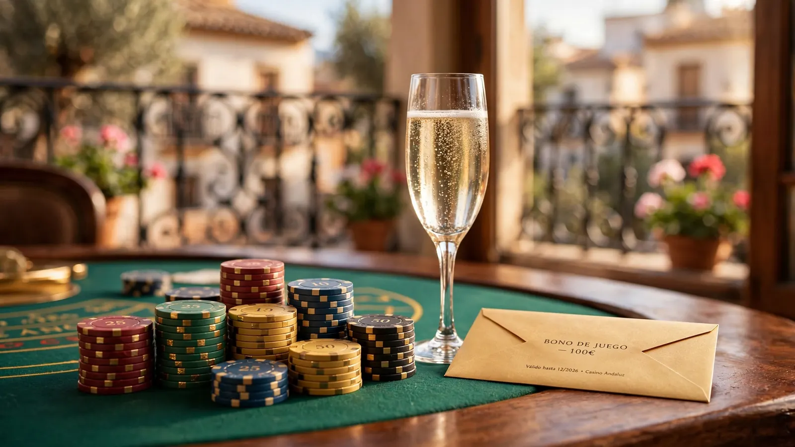 Mesa de casino español con fichas de colores, copa de cava y sobre dorado sobre tapete verde