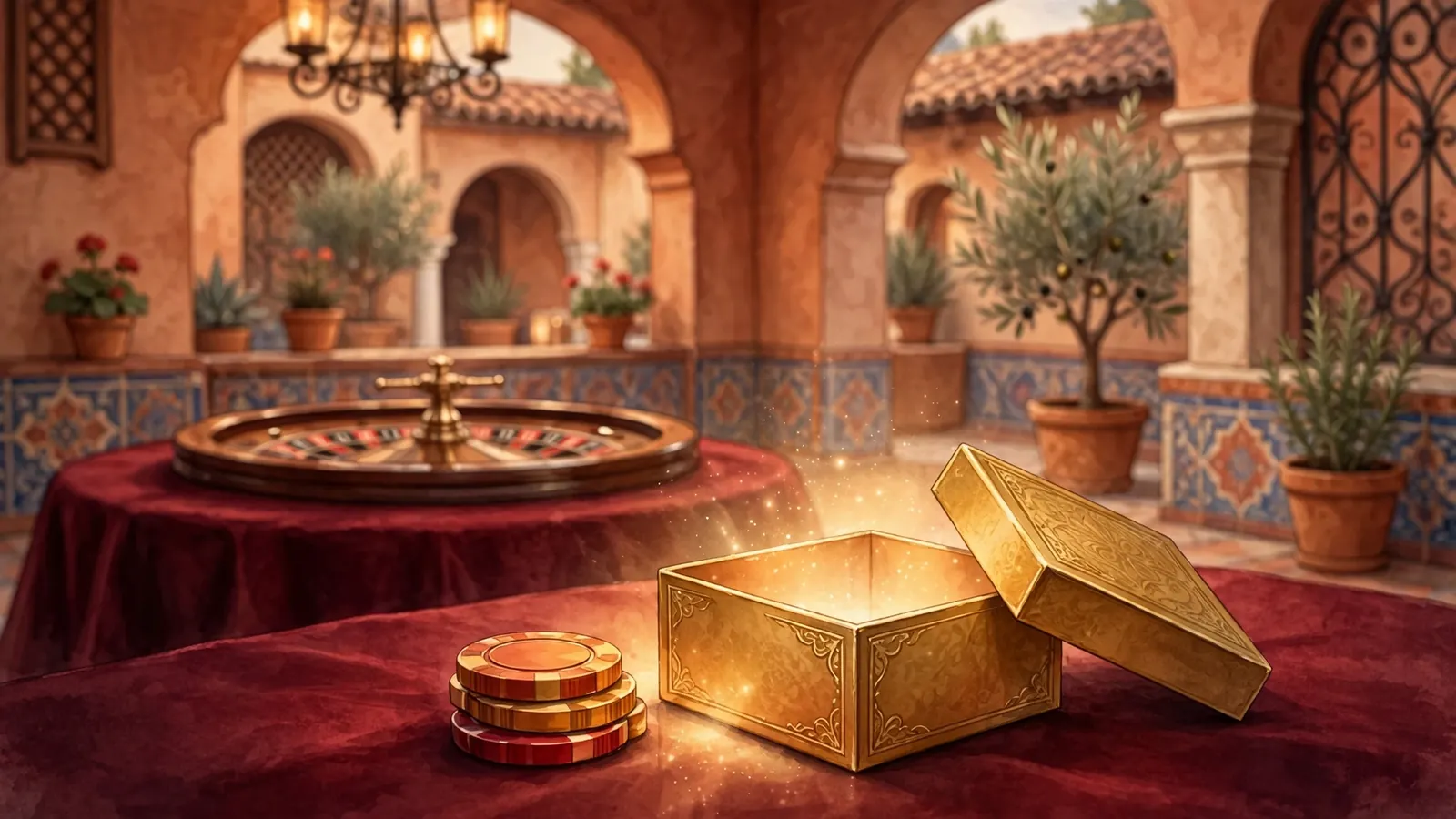Mesa de casino con fichas y caja de regalo dorada con brillo