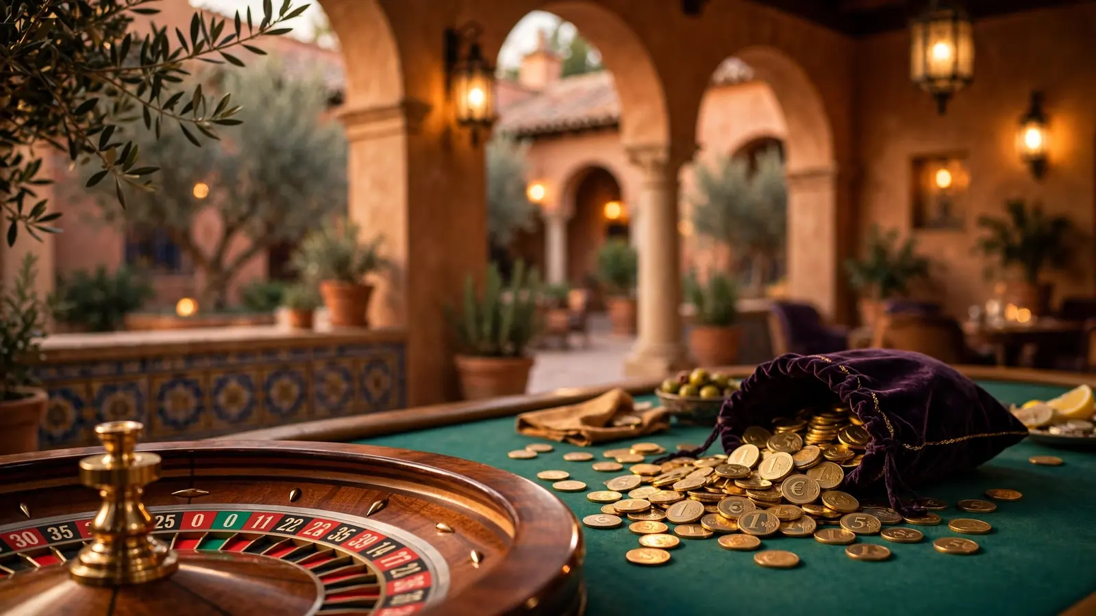 Monedas de euro doradas junto a una ruleta clásica en un salón de casino español.