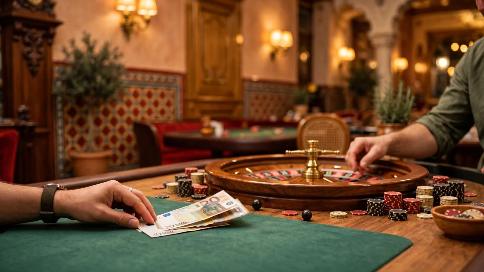 Mesa de ruleta en casino español con fichas y un reembolso parcial