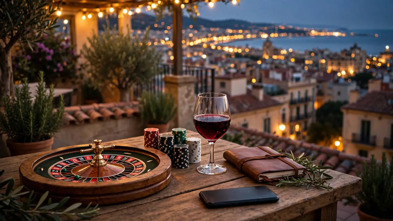 Mesa de casino con ruleta y fichas en terraza de Barcelona al atardecer