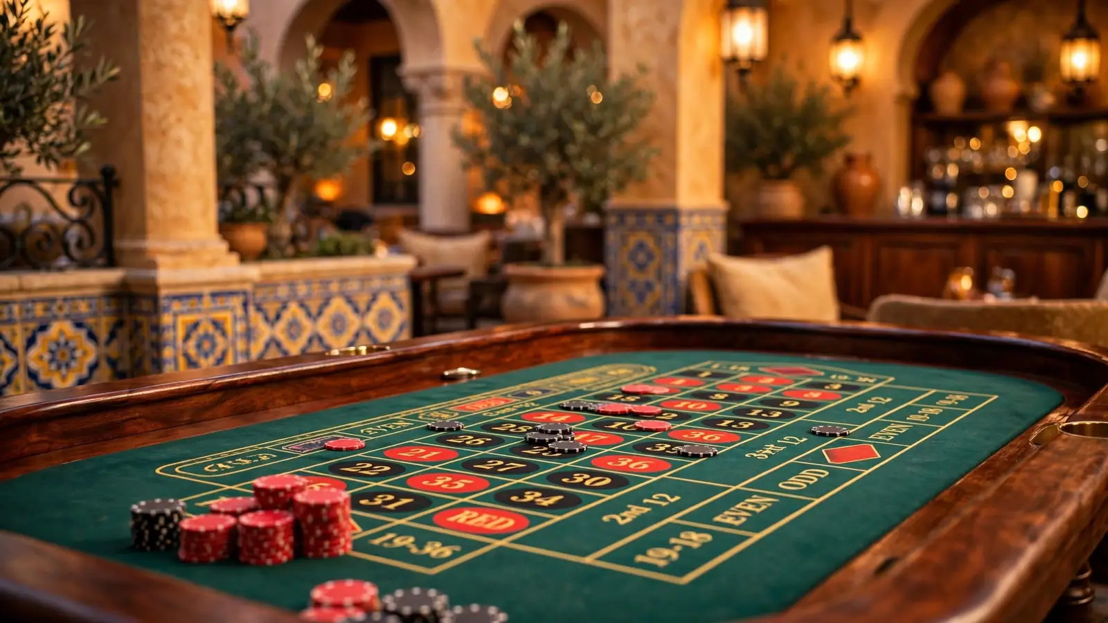 Ambiente de salón de casino con mesa de ruleta y fichas sobre tapete verde