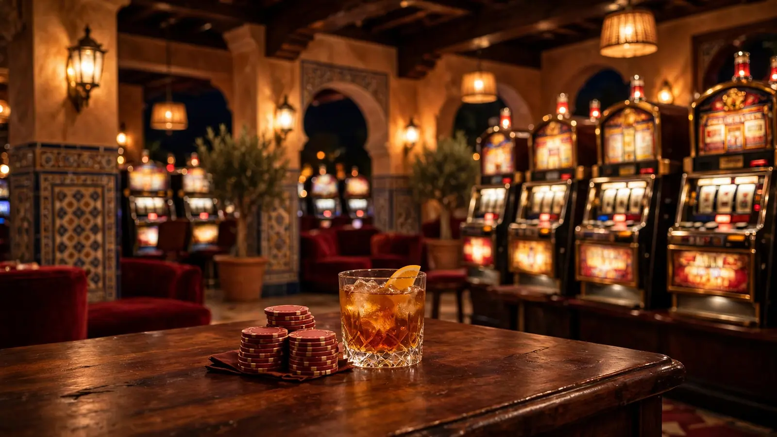 Elegante salón de casino español con fichas rojas y luces cálidas