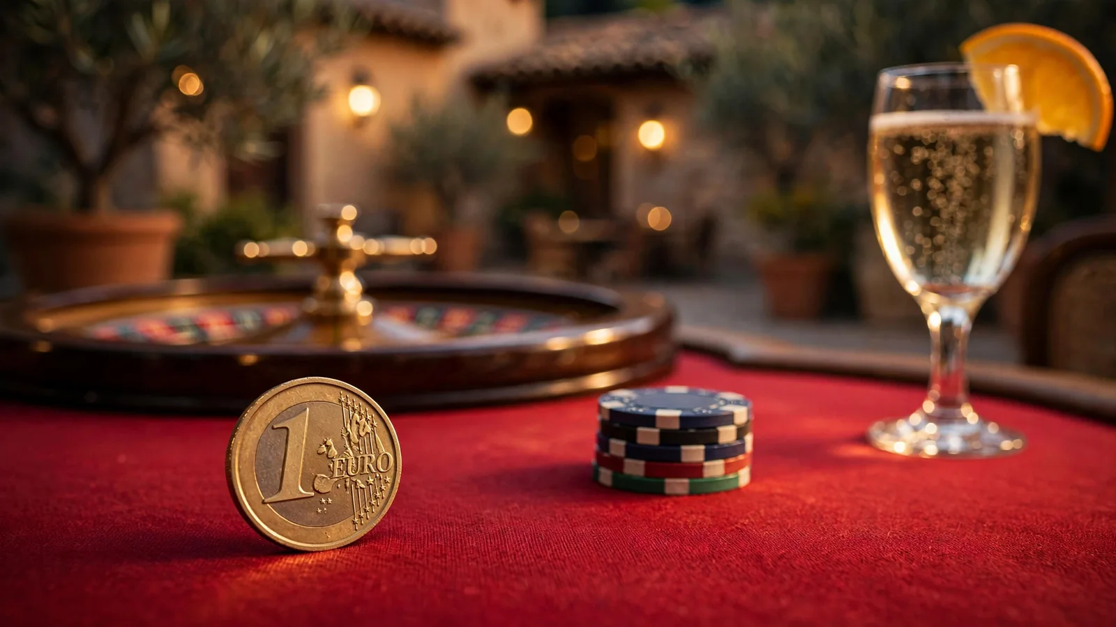 Moneda de un euro sobre mesa de casino con fichas y ruleta