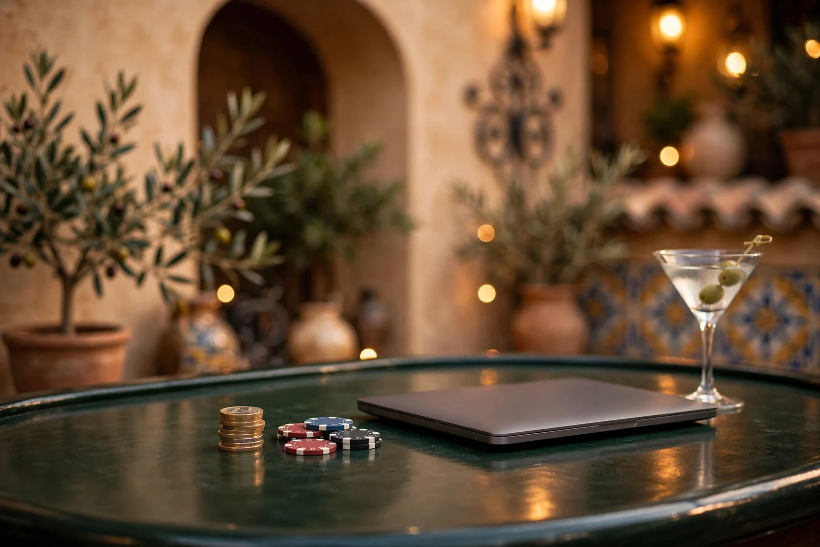 Pequeña pila de monedas de euro y fichas de casino sobre una mesa verde iluminada con luz dorada.