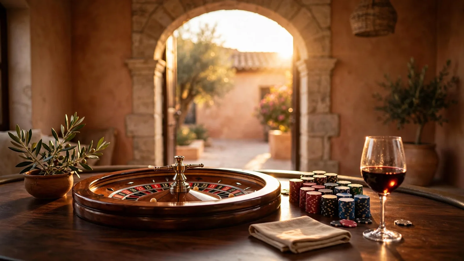 Mesa de casino elegante con ruleta y fichas en ambiente mediterráneo español iluminado por luz dorada