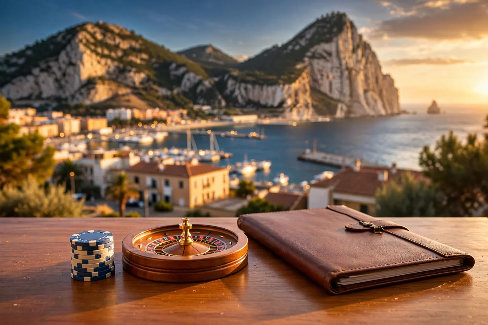 Vista del Peñón de Gibraltar al atardecer con fichas de casino y ruleta sobre mesa de madera