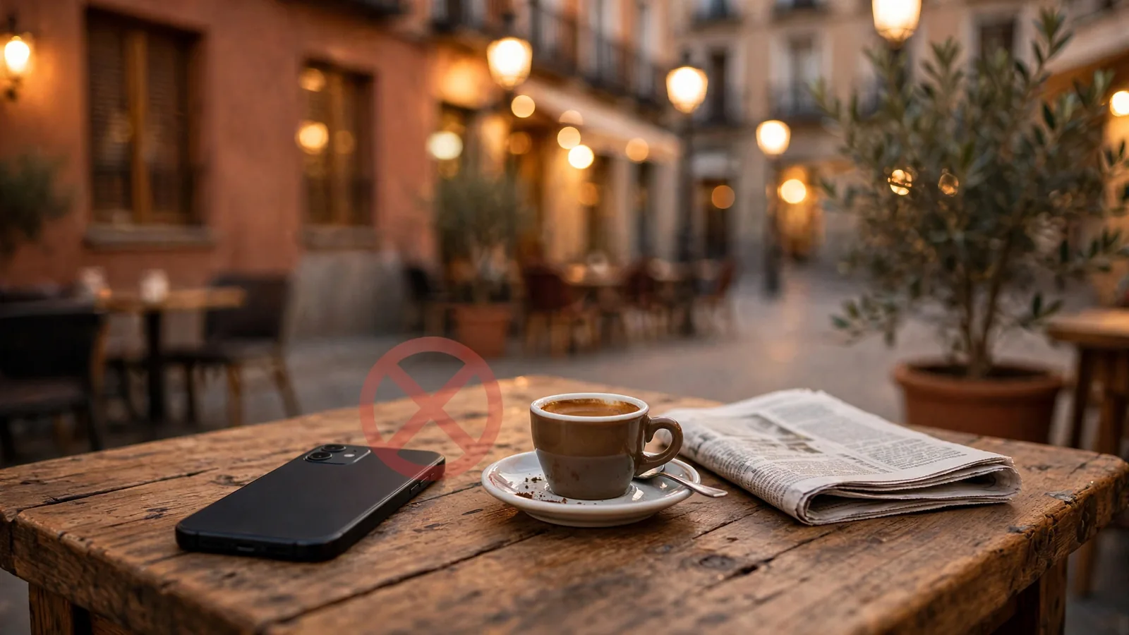 Smartphone boca abajo en mesa de cafetería española con señal de prohibición
