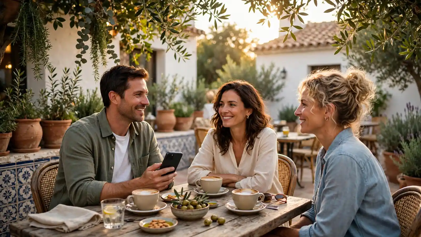 Grupo de amigos en terraza mediterránea revisando opciones de ocio en el móvil