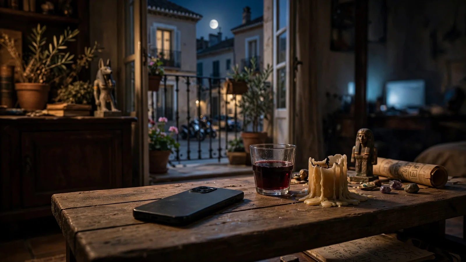 Mesa de noche española con móvil boca abajo junto a una vela y vino