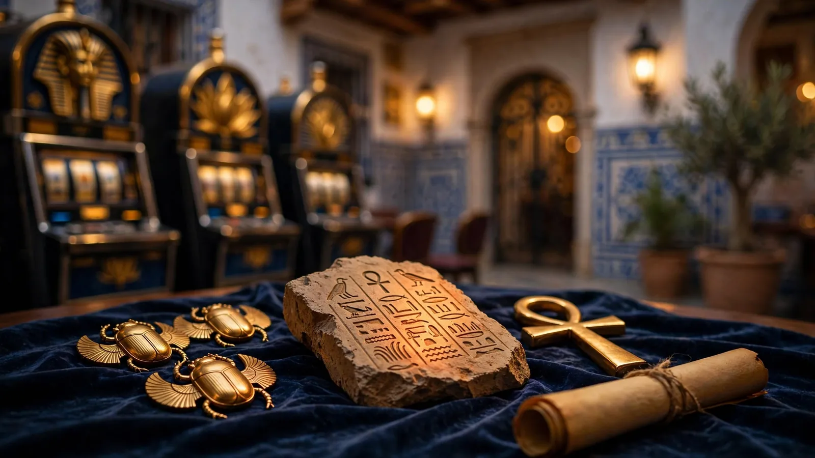 Ambiente de casino con temática egipcia y símbolos dorados del Book of Ra