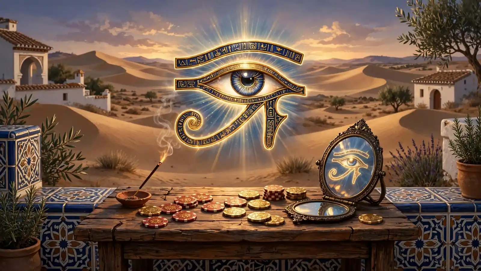 Símbolo del Ojo de Horus brillando sobre un altar con fichas de casino