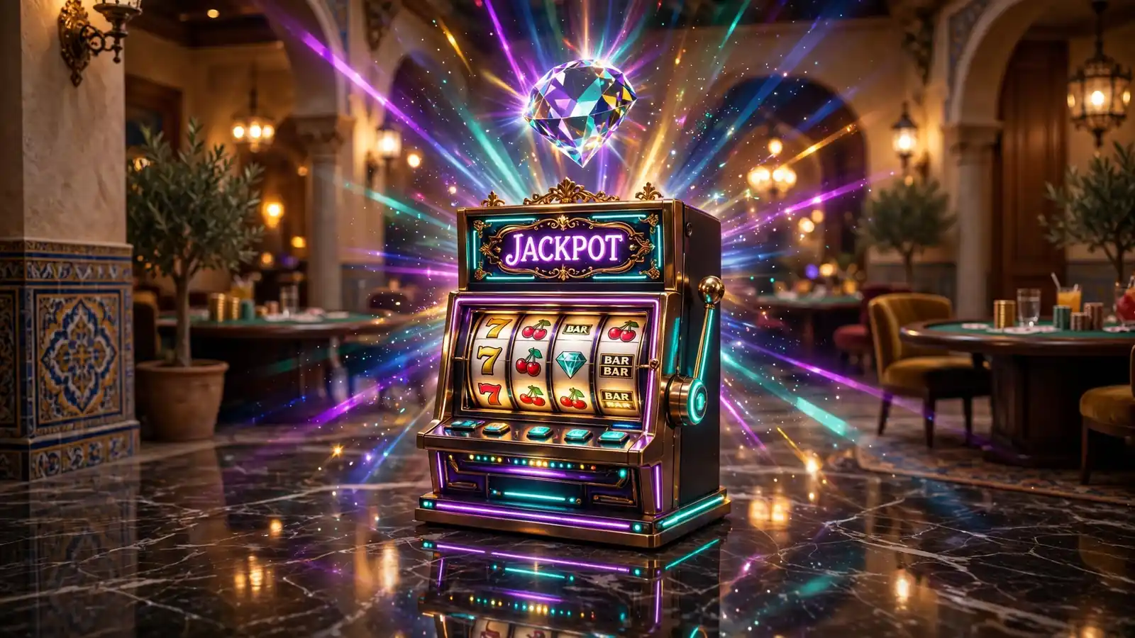 Máquina tragaperras brillante en un casino español con ambiente luminoso y lujoso.