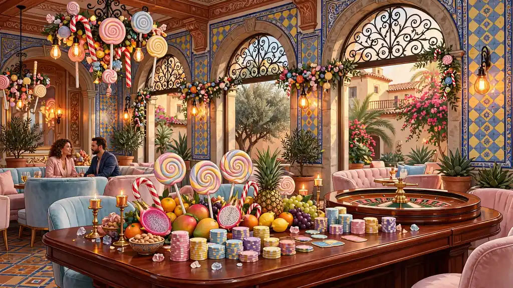 Elegante salón de casino español con decoraciones de caramelos coloridos, frutas y fichas de juego sobre mesa de madera.