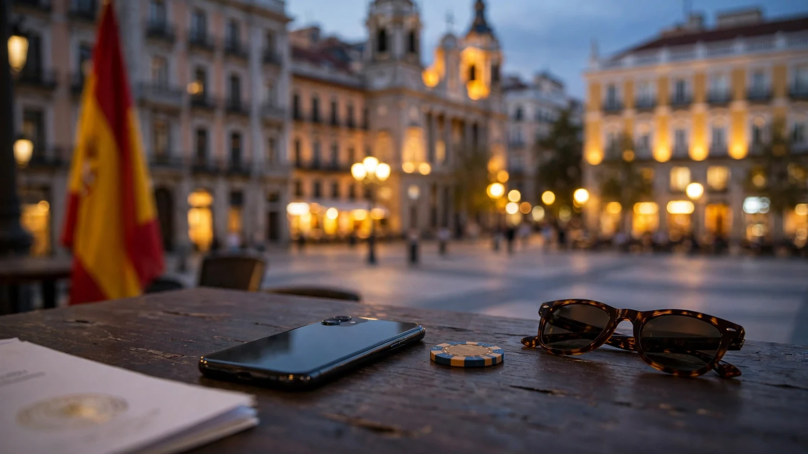 Mesa con teléfono boca abajo, ficha de casino y documentos oficiales en ambiente nocturno español