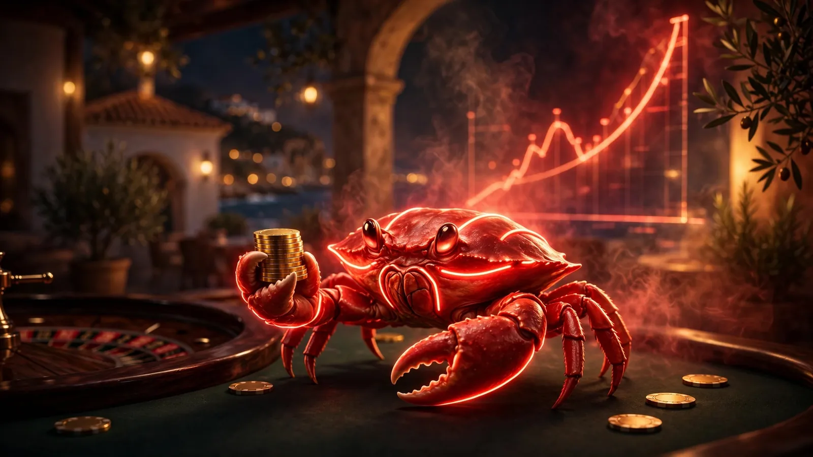 Cangrejo dorado con fichas de casino sobre mesa de ruleta iluminada