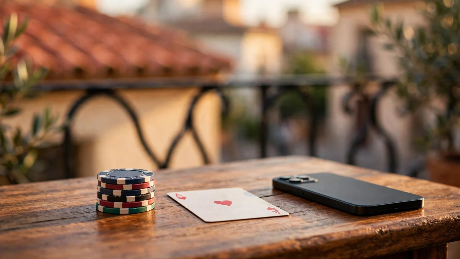 Mesa de madera con fichas de casino, una carta y smartphone boca abajo en ambiente español