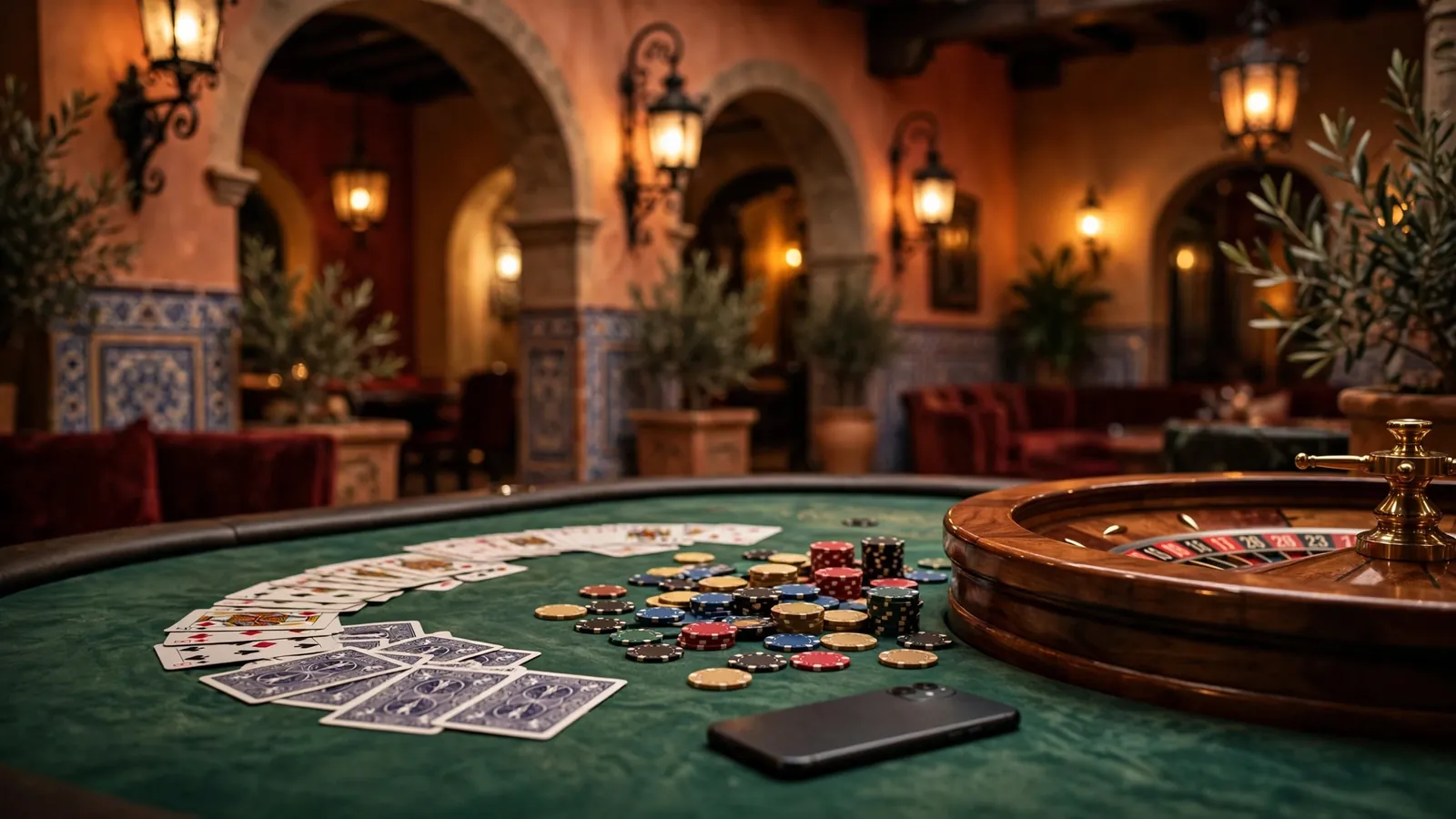 Mesa de casino elegante con ruleta, fichas y cartas en un salón de estilo español iluminado con luz cálida.