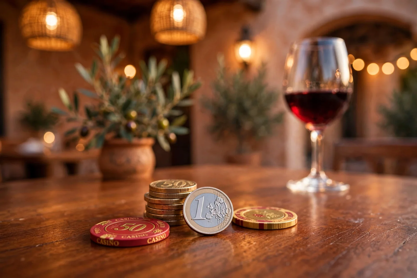 Mesa de casino con monedas de euro y fichas, ambiente nocturno español