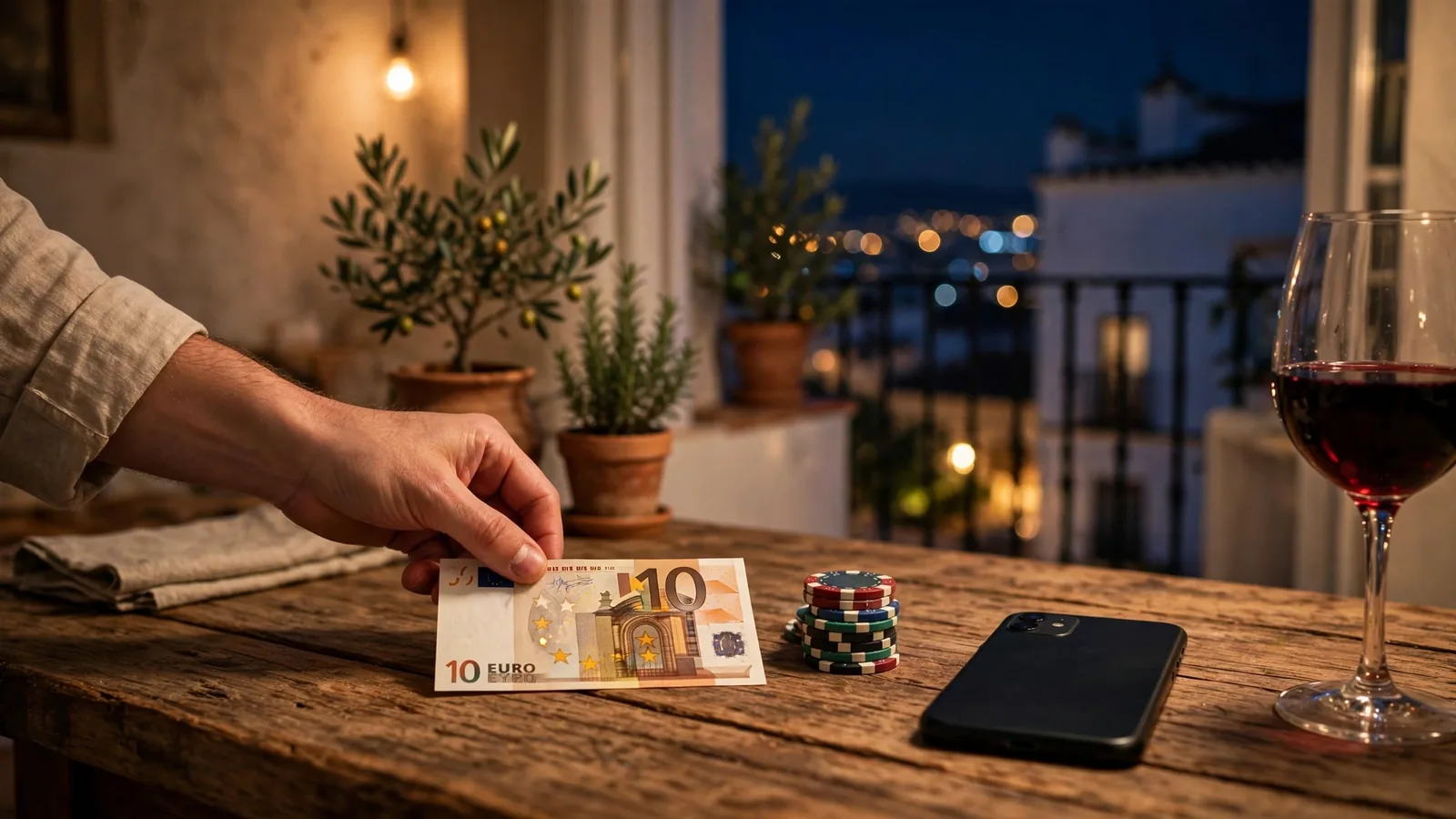 Mano junto a una ficha de casino y un billete de 10 euros sobre una mesa