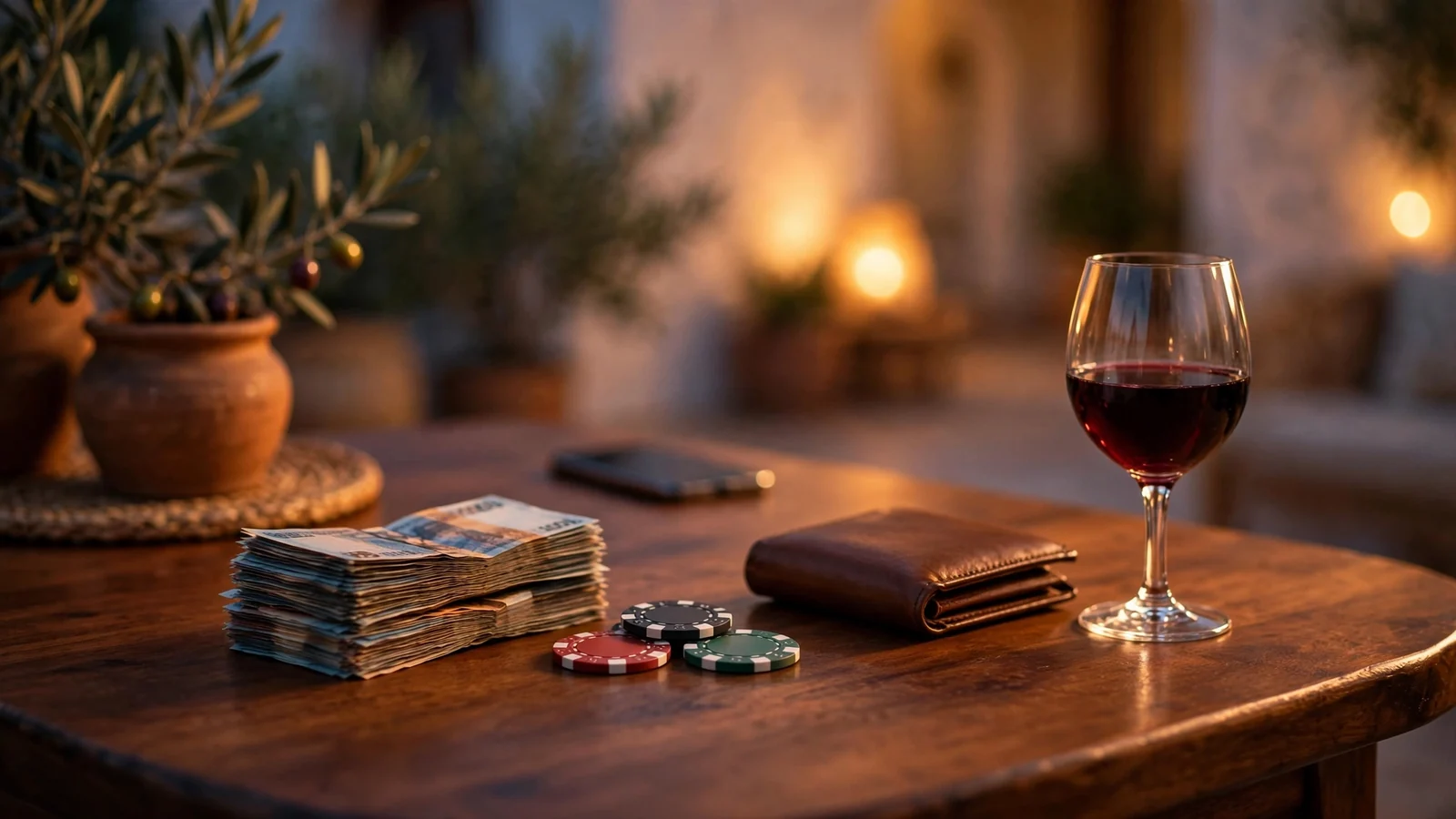 Mesa con billetes de euros y fichas de casino en un salón español moderno