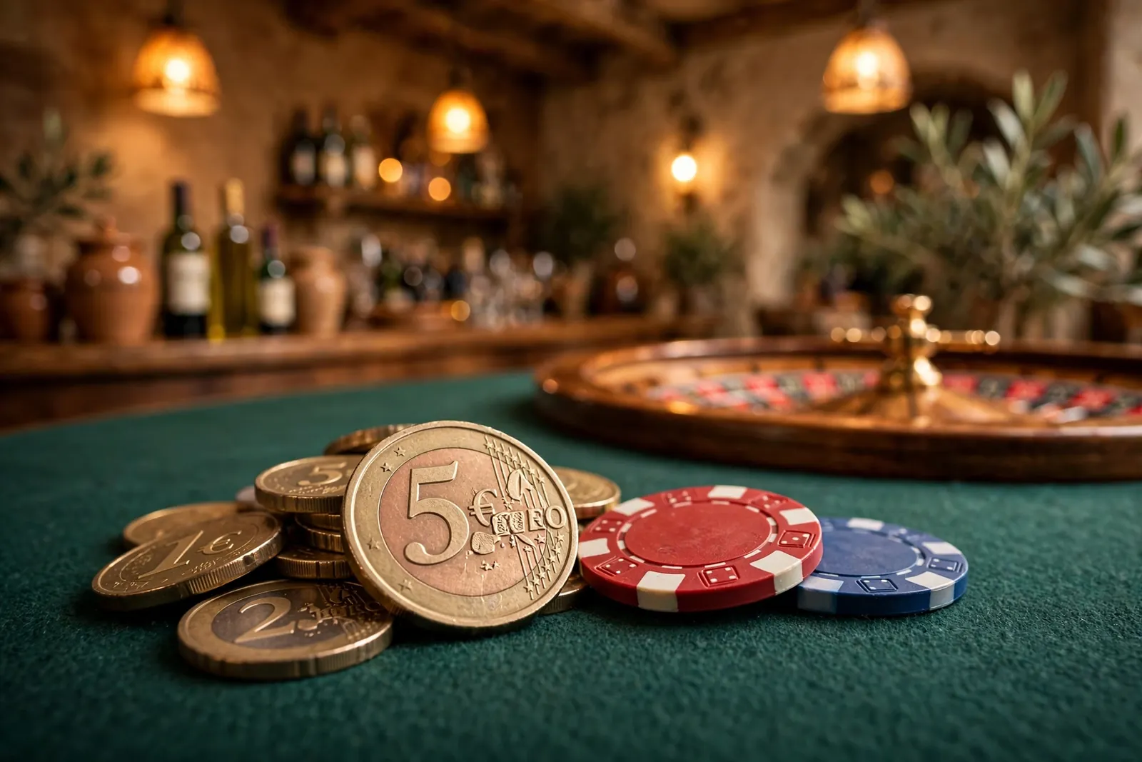 Monedas de cinco euros y fichas de casino sobre tapete verde