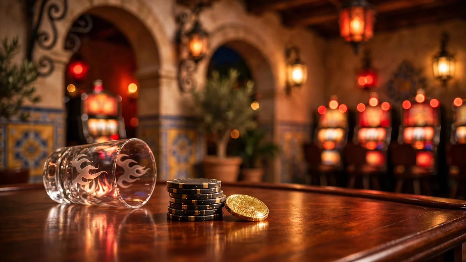Ambiente elegante de casino en línea con fichas, monedas y luces cálidas