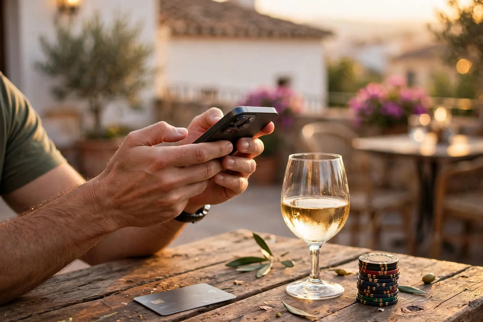 Manos con smartphone y fichas de casino en terraza española iluminada