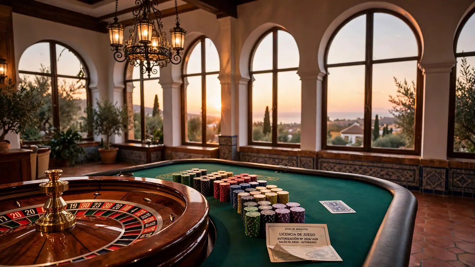 Elegante salón de casino español con ruleta, fichas y documento oficial