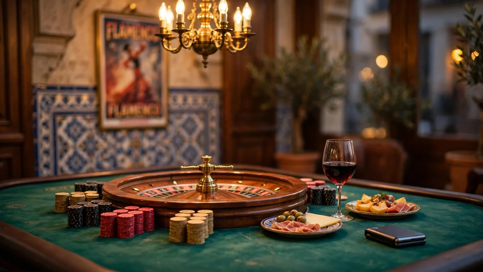 Mesa de ruleta con fichas y vino español en un salón de casino tradicional