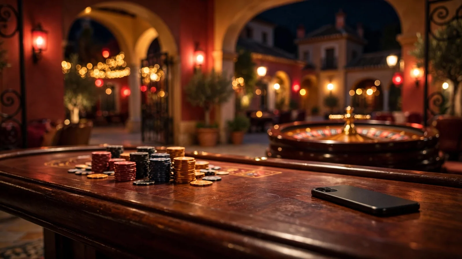 Sala de casino lujosa con fichas y ruleta bajo luz dorada