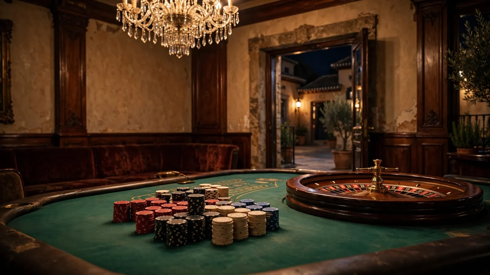 Interior lujoso de casino español con mesa de ruleta y fichas iluminadas