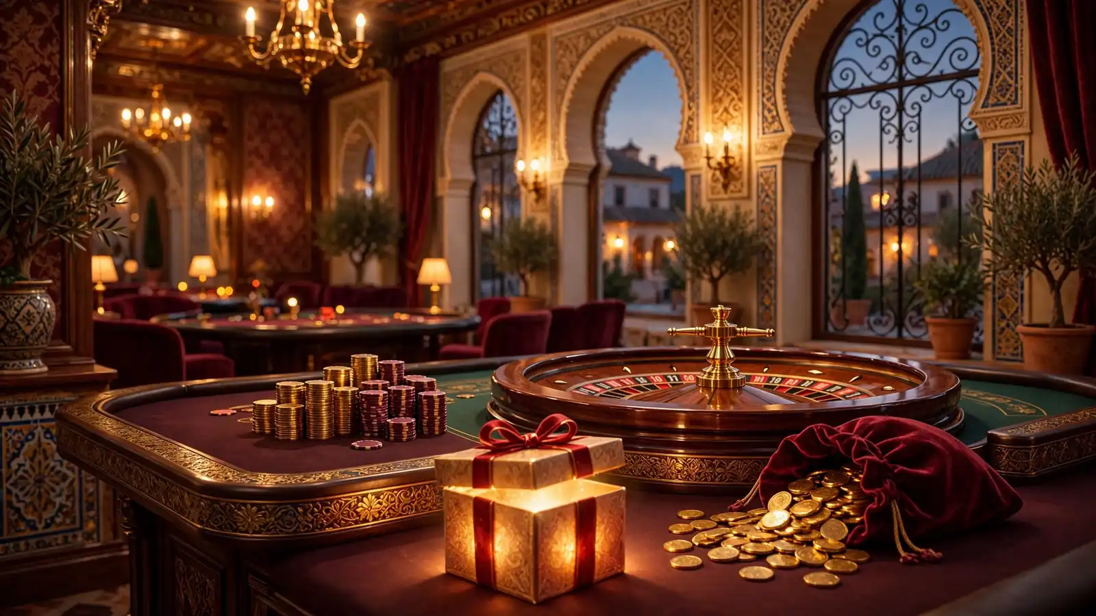 Ilustración de un salón de casino español con mesa de ruleta, fichas doradas y caja de regalo de bienvenida