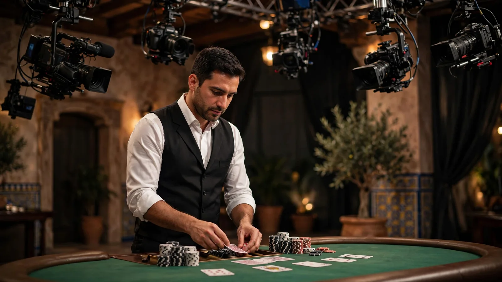 Crupier profesional en una mesa de casino en vivo dentro de un estudio de transmisión
