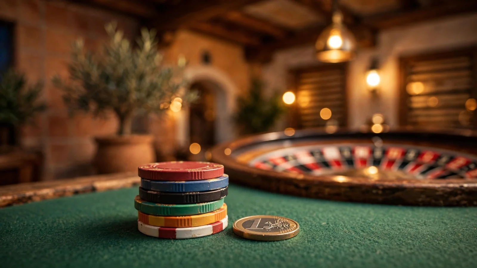 Pequeña pila de fichas de casino junto a una moneda de euro sobre una mesa de fieltro verde.