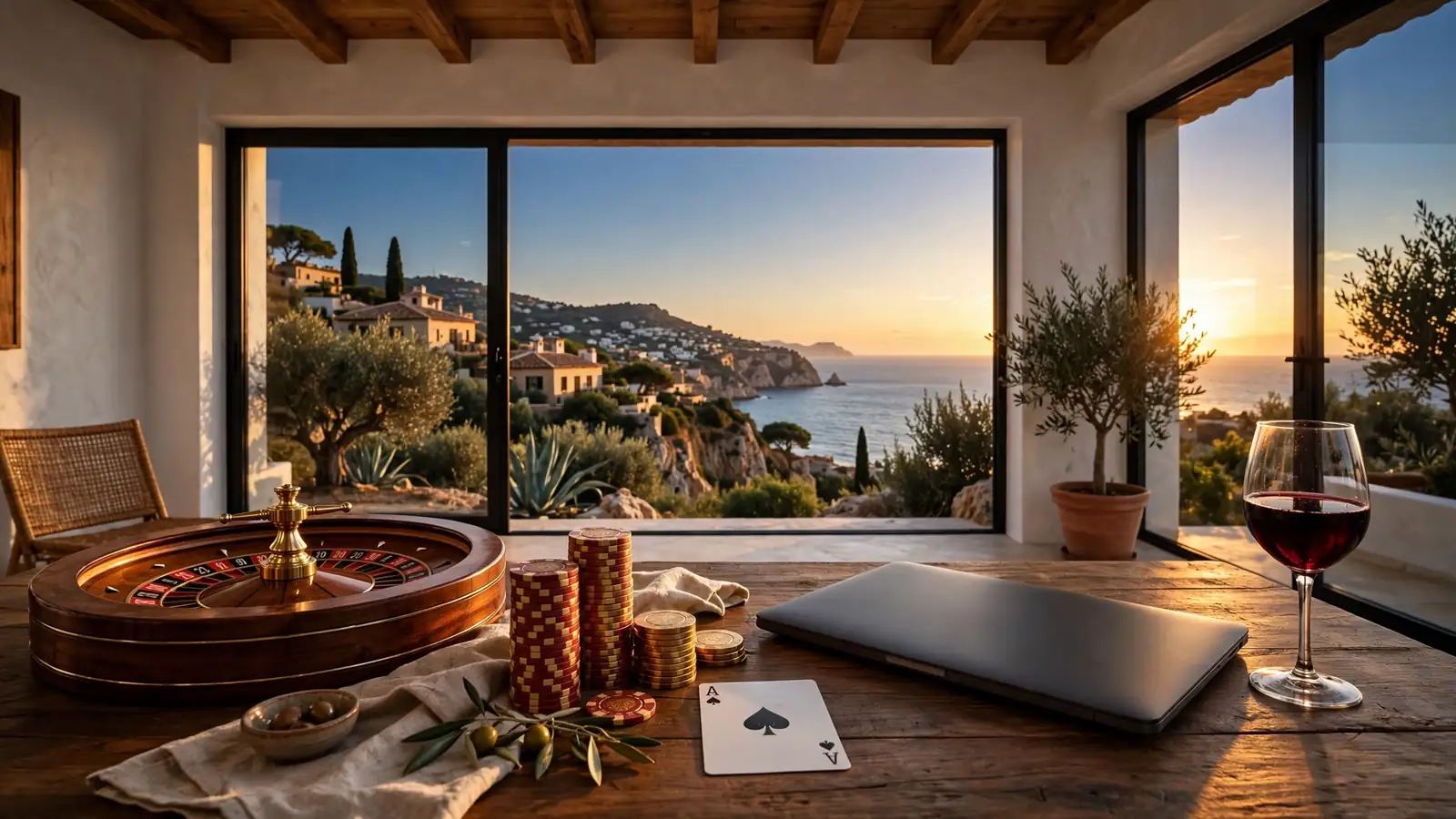 Mesa elegante con ruleta, fichas de casino y copa de vino junto a la costa española