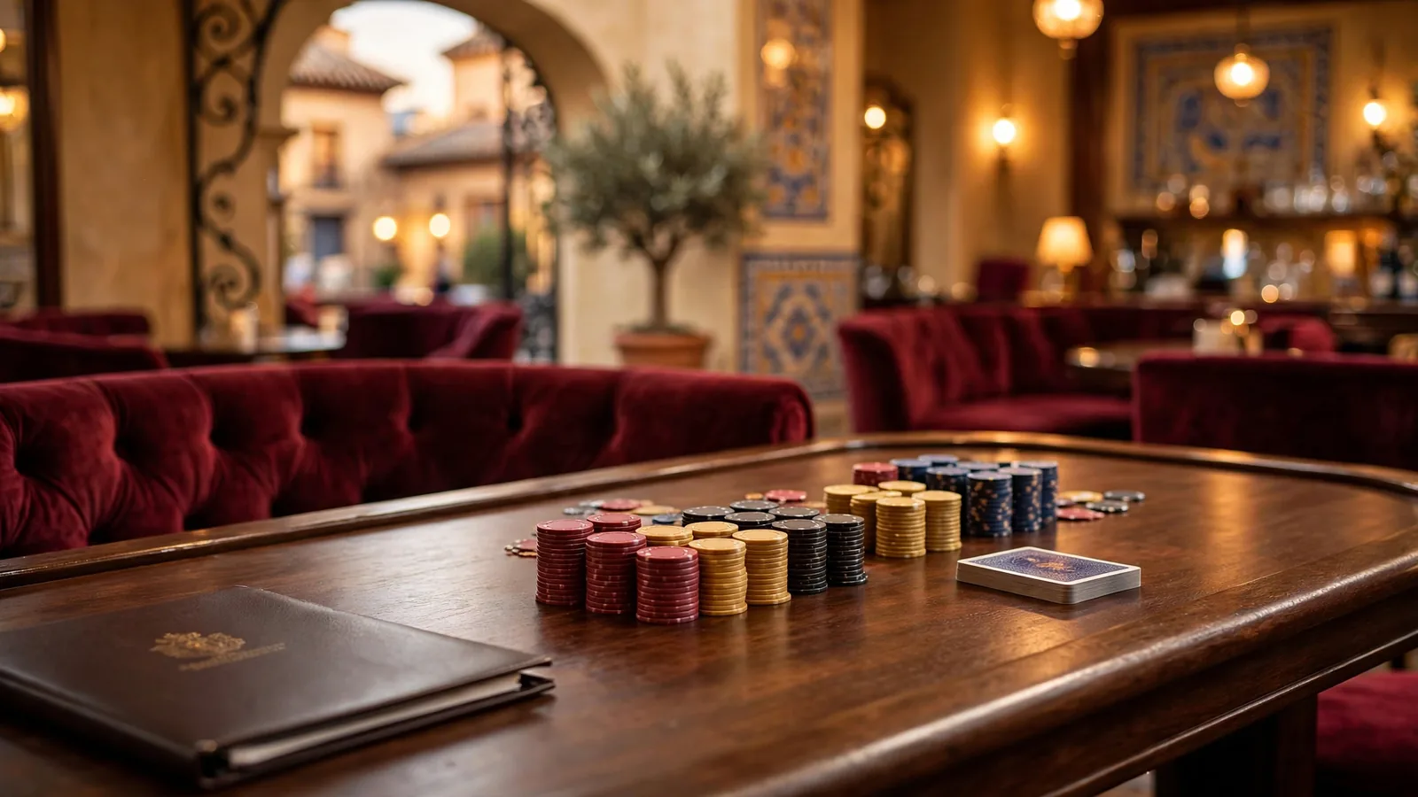 Elegante sala de casino europea con fichas, naipes y documento regulador sobre la mesa