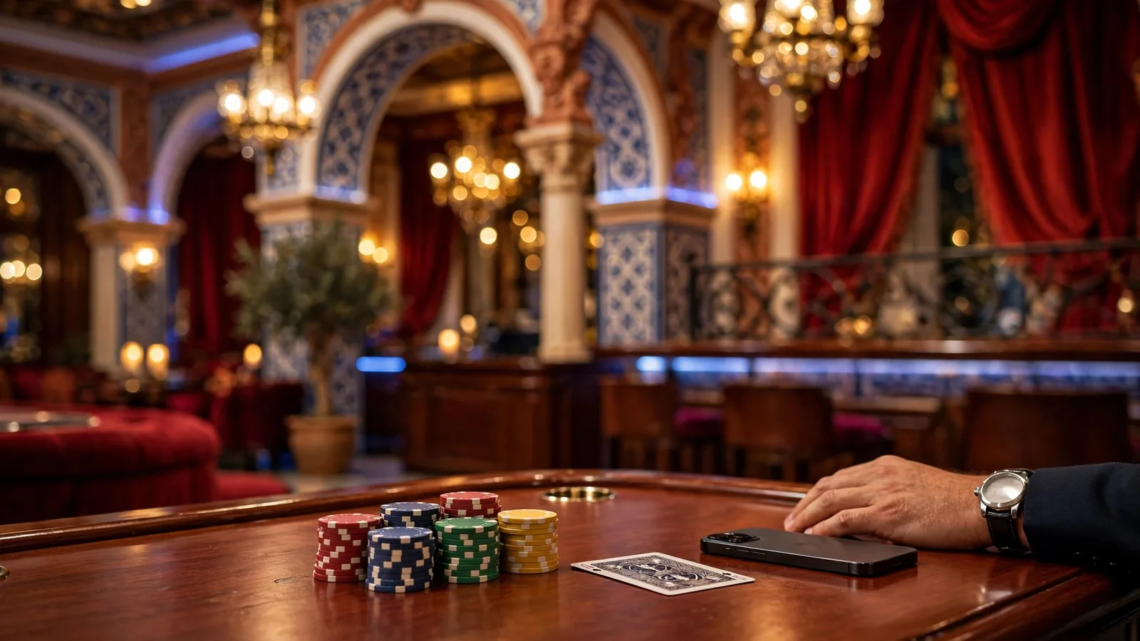 Elegante interior de casino español con fichas de póker y teléfono móvil sobre mesa de madera