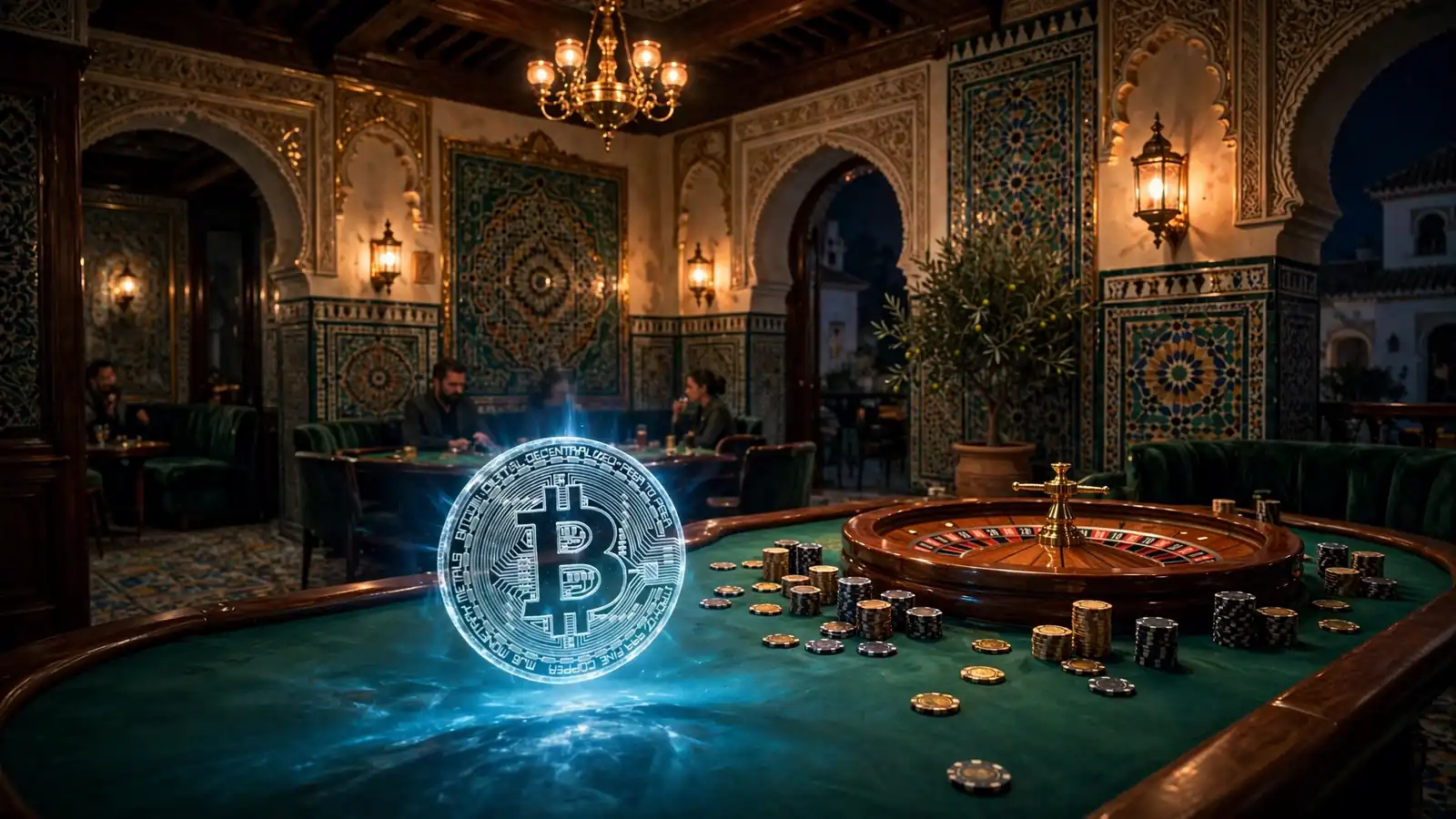 Casino de criptomonedas con fichas, ruleta y moneda Bitcoin flotando en ambiente español nocturno